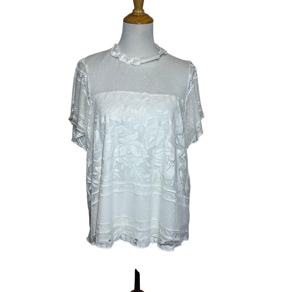 Show Me Your Mumu Cream Crochet Lace Mock Neck Bell Sleeve Top Sz M